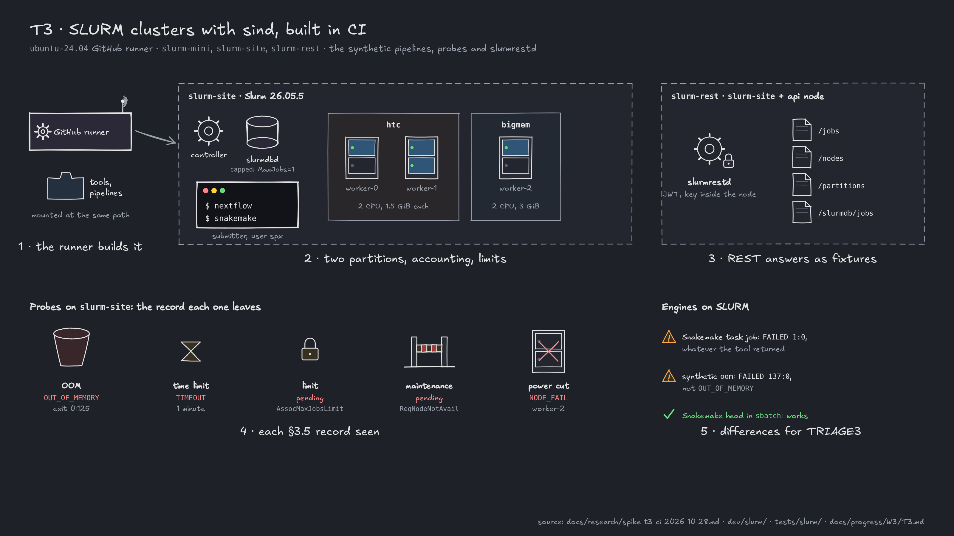 T3 figure: a GitHub runner installs the tools into a data directory that every sind node mounts at the same path. slurm-site, Slurm 26.05.5: a controller, slurmdbd with account capped (MaxJobs=1), a submitter where nextflow and snakemake run as user spx, partition htc with worker-0 and worker-1 (2 CPU, 1.5 GiB each), partition bigmem with worker-2 (2 CPU, 3 GiB). slurm-rest adds slurmrestd with JWT, whose key stays inside the node; its jobs, nodes, partitions and slurmdb jobs answers are fixtures. Probes and the record each leaves: OOM gives OUT_OF_MEMORY with exit 0:125, a 1-minute time limit gives TIMEOUT, the capped account gives a pending AssocMaxJobsLimit, the maintenance reservation a pending ReqNodeNotAvail, a power cut of worker-2 gives NODE_FAIL. Engines on SLURM: a Snakemake task job ends FAILED 1:0 whatever the tool returned; the synthetic oom mode ends FAILED 137:0, not OUT_OF_MEMORY; a Snakemake head in sbatch works