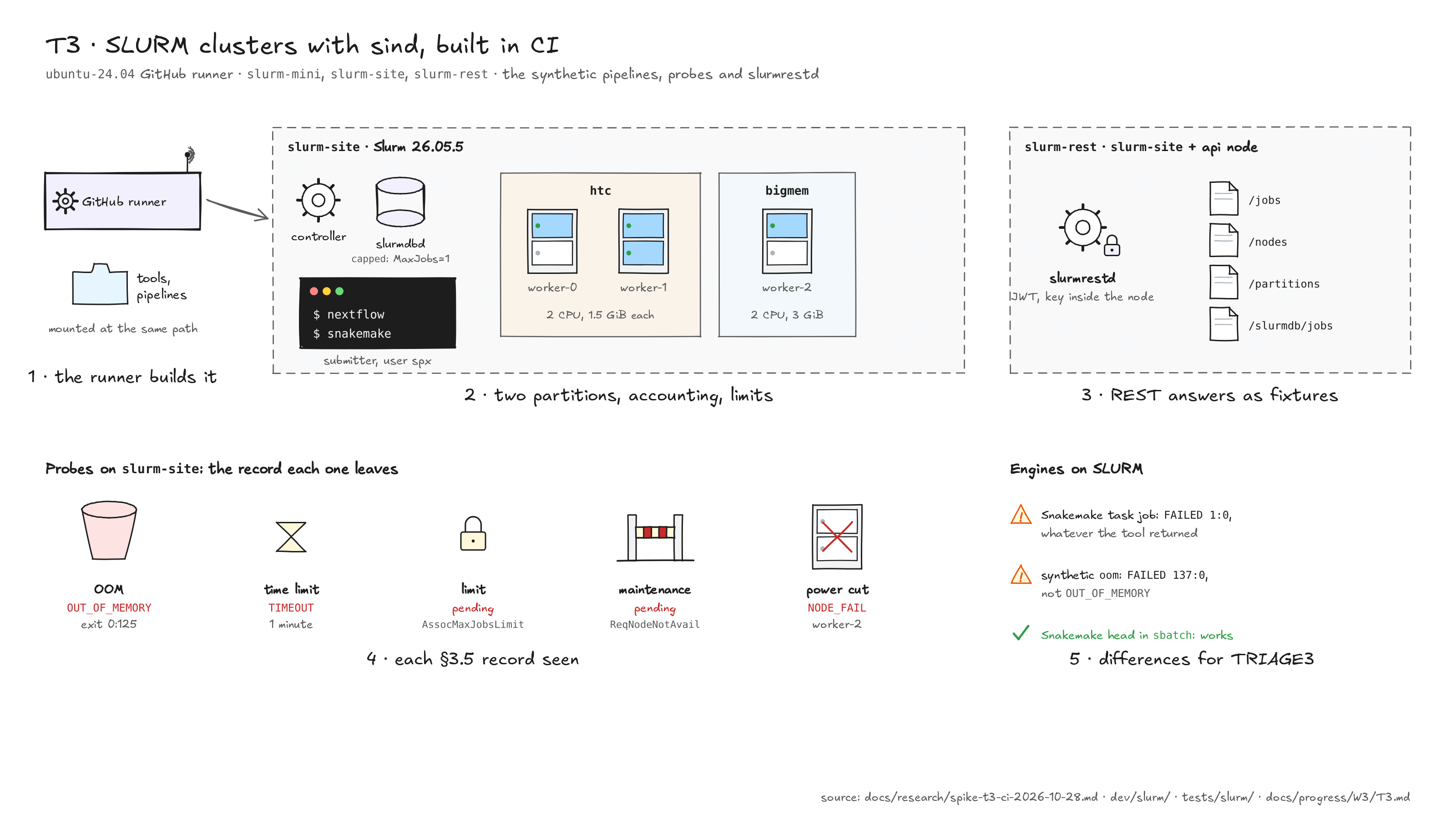 T3 figure: a GitHub runner installs the tools into a data directory that every sind node mounts at the same path. slurm-site, Slurm 26.05.5: a controller, slurmdbd with account capped (MaxJobs=1), a submitter where nextflow and snakemake run as user spx, partition htc with worker-0 and worker-1 (2 CPU, 1.5 GiB each), partition bigmem with worker-2 (2 CPU, 3 GiB). slurm-rest adds slurmrestd with JWT, whose key stays inside the node; its jobs, nodes, partitions and slurmdb jobs answers are fixtures. Probes and the record each leaves: OOM gives OUT_OF_MEMORY with exit 0:125, a 1-minute time limit gives TIMEOUT, the capped account gives a pending AssocMaxJobsLimit, the maintenance reservation a pending ReqNodeNotAvail, a power cut of worker-2 gives NODE_FAIL. Engines on SLURM: a Snakemake task job ends FAILED 1:0 whatever the tool returned; the synthetic oom mode ends FAILED 137:0, not OUT_OF_MEMORY; a Snakemake head in sbatch works