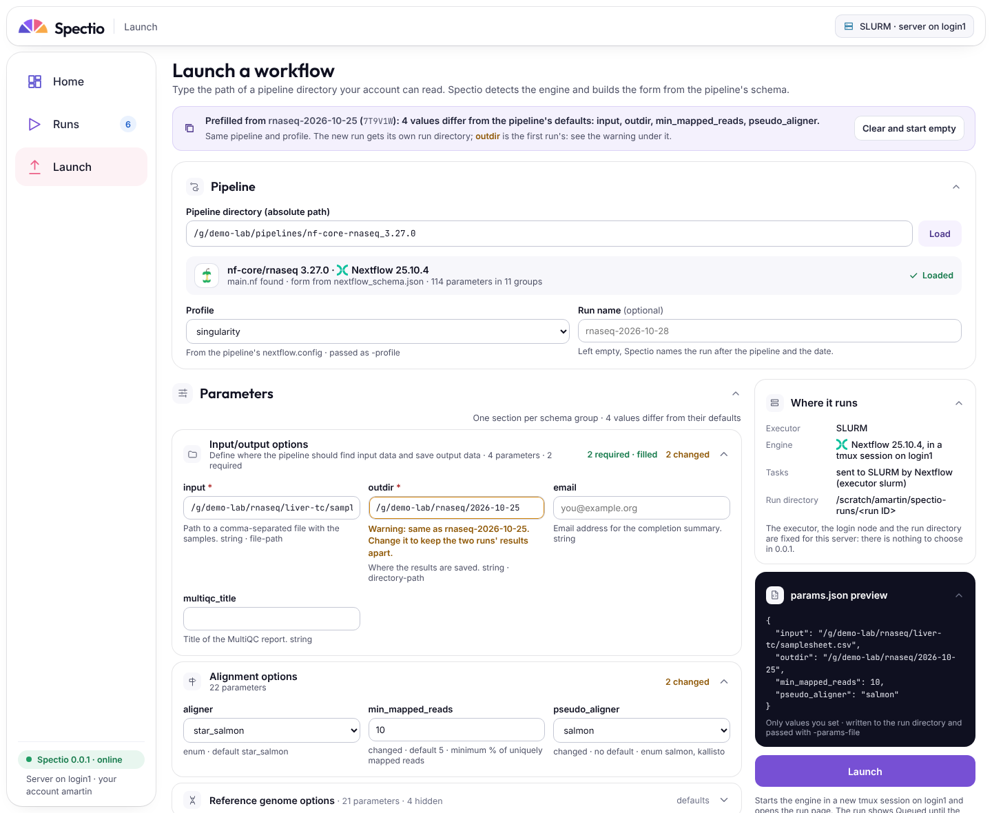 0.0.1 launch form: a banner "Prefilled from rnaseq-2026-10-25 (7T9V1W): 4 values differ from the pipeline's defaults: input, outdir, min_mapped_reads, pseudo_aligner." with "Clear and start empty", a pipeline directory and Load, the detected engine, profile, run name and the parameters in collapsible schema groups, each with a light icon