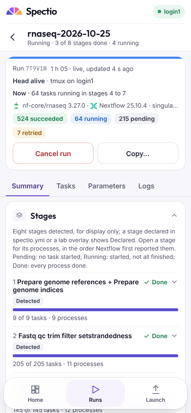 0.0.1 run detail on a phone: the same run with Cancel run and Copy, its stages collapsible, and a "Now" line, "Now · 64 tasks running in stages 4 to 7"