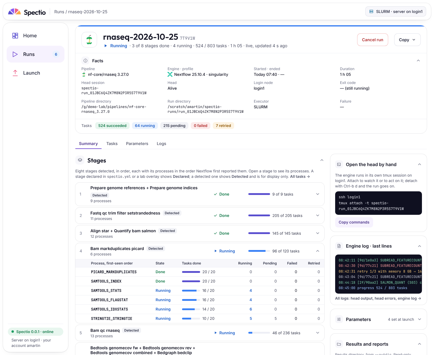 0.0.1 run detail: a running nf-core/rnaseq run, header "3 of 8 stages done · 4 running" with Cancel run and a Copy menu, its facts with the nf-core logo, and eight detected stages, each with its state word, "n of m tasks" and a Detected badge, the fourth open to its six processes