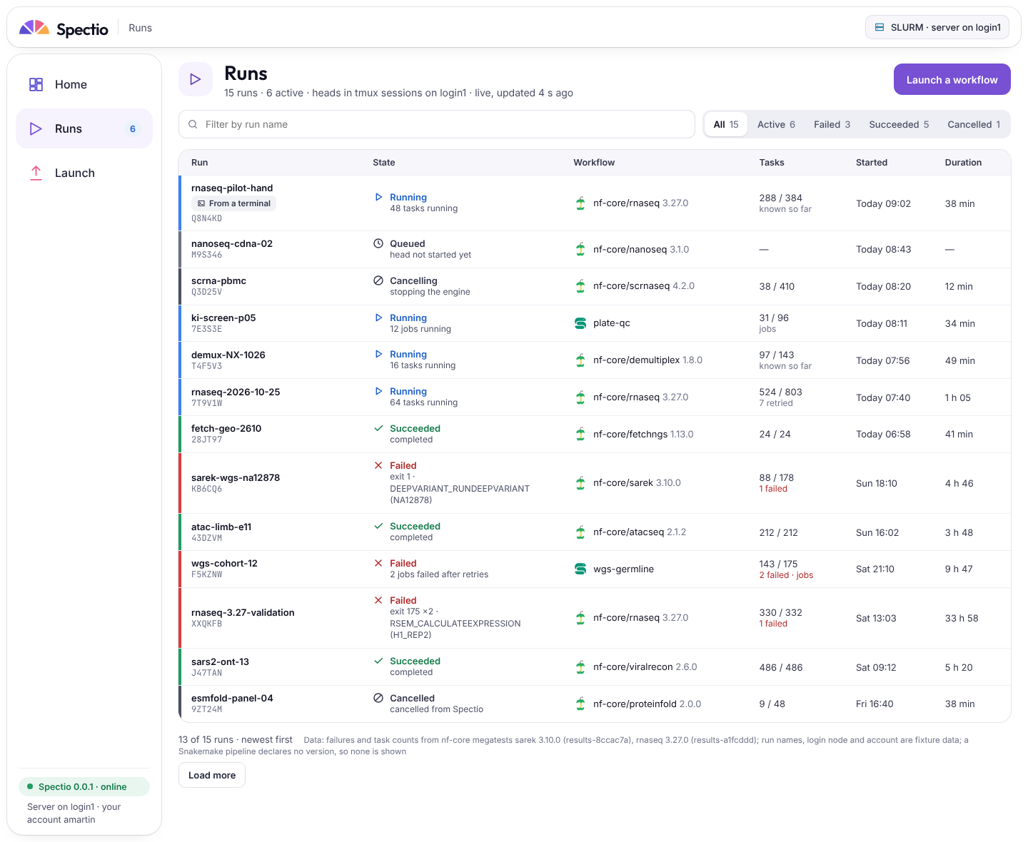 0.0.1 runs list: state and name filters, newest first, with the state, workflow, tasks, start and duration of each run and a "From a terminal" chip